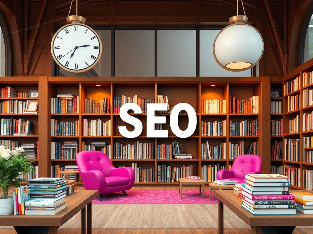 A cozy library with pink chairs, bookshelves filled with books, and a large "SEO" sign in the center.