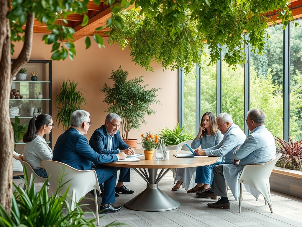 A group of six people engaged in a discussion around a wooden table in a bright, plant-filled room.