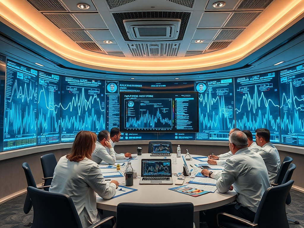 A group of professionals in a high-tech meeting room with data screens and laptops discussing analytics.